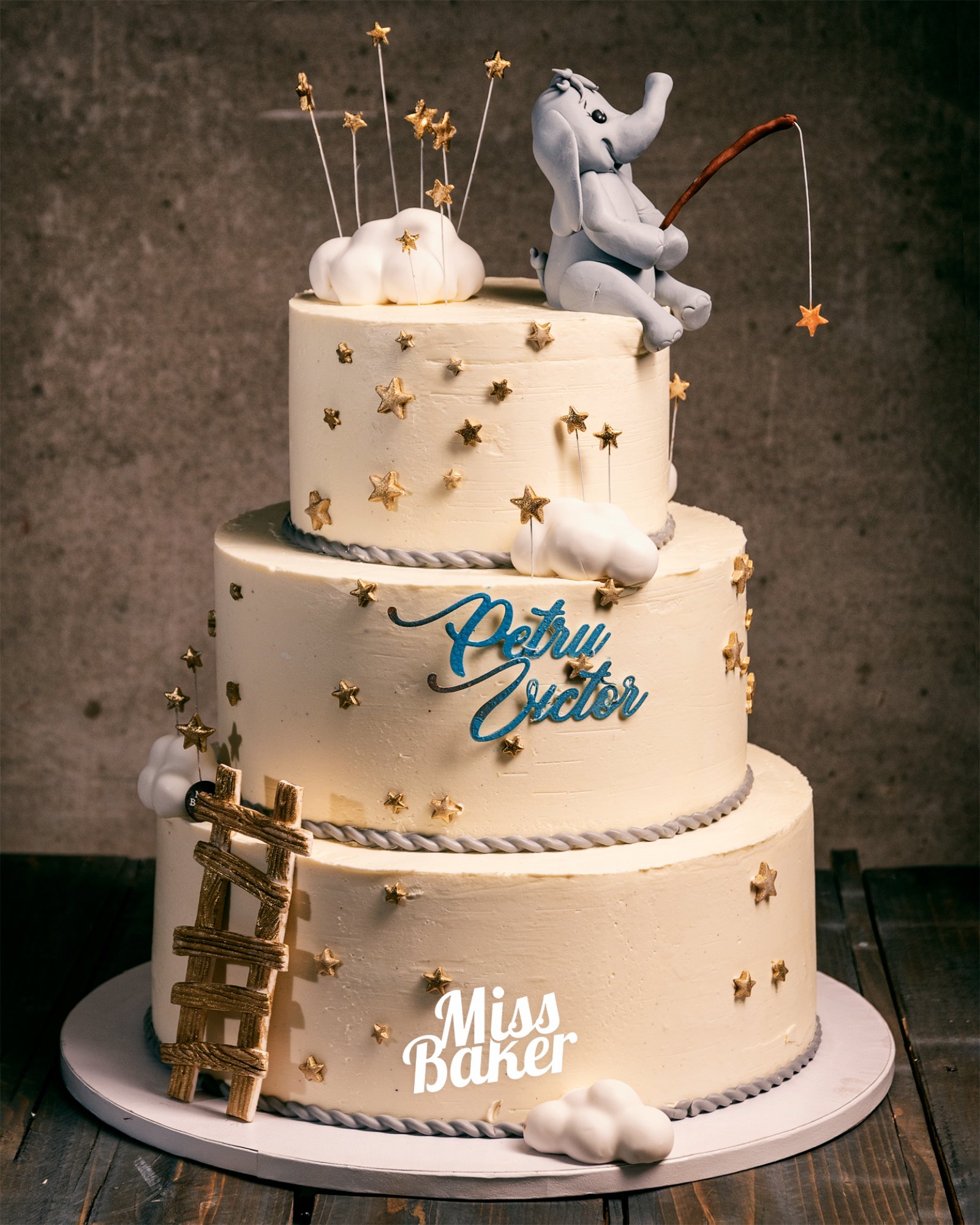 Torturi de botez — elefant modelat, nume personalizat albastru, scară decorativă — Miss Baker Constanța