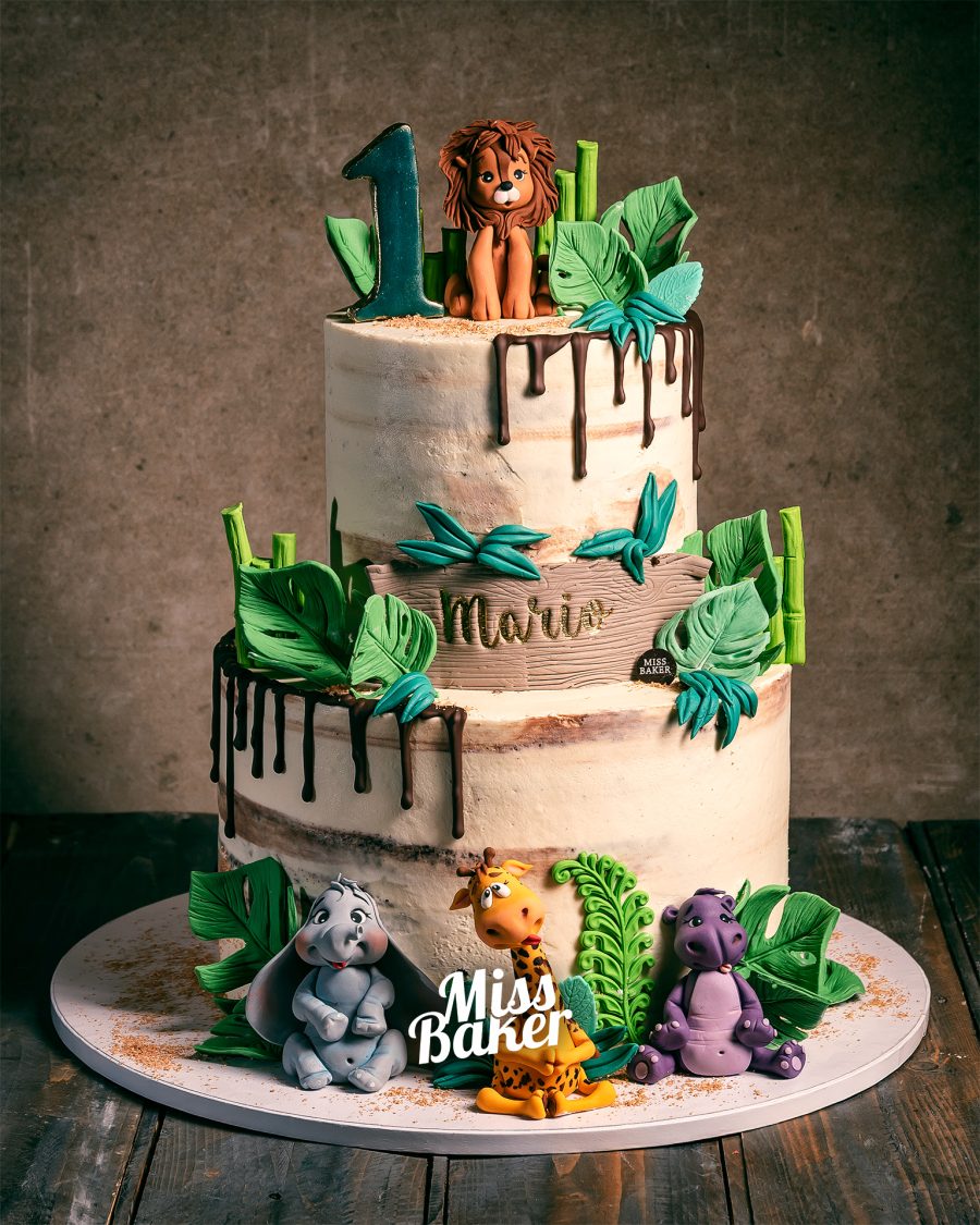 tort aniversar, tematică safari, decor animale — Miss Baker Constanța