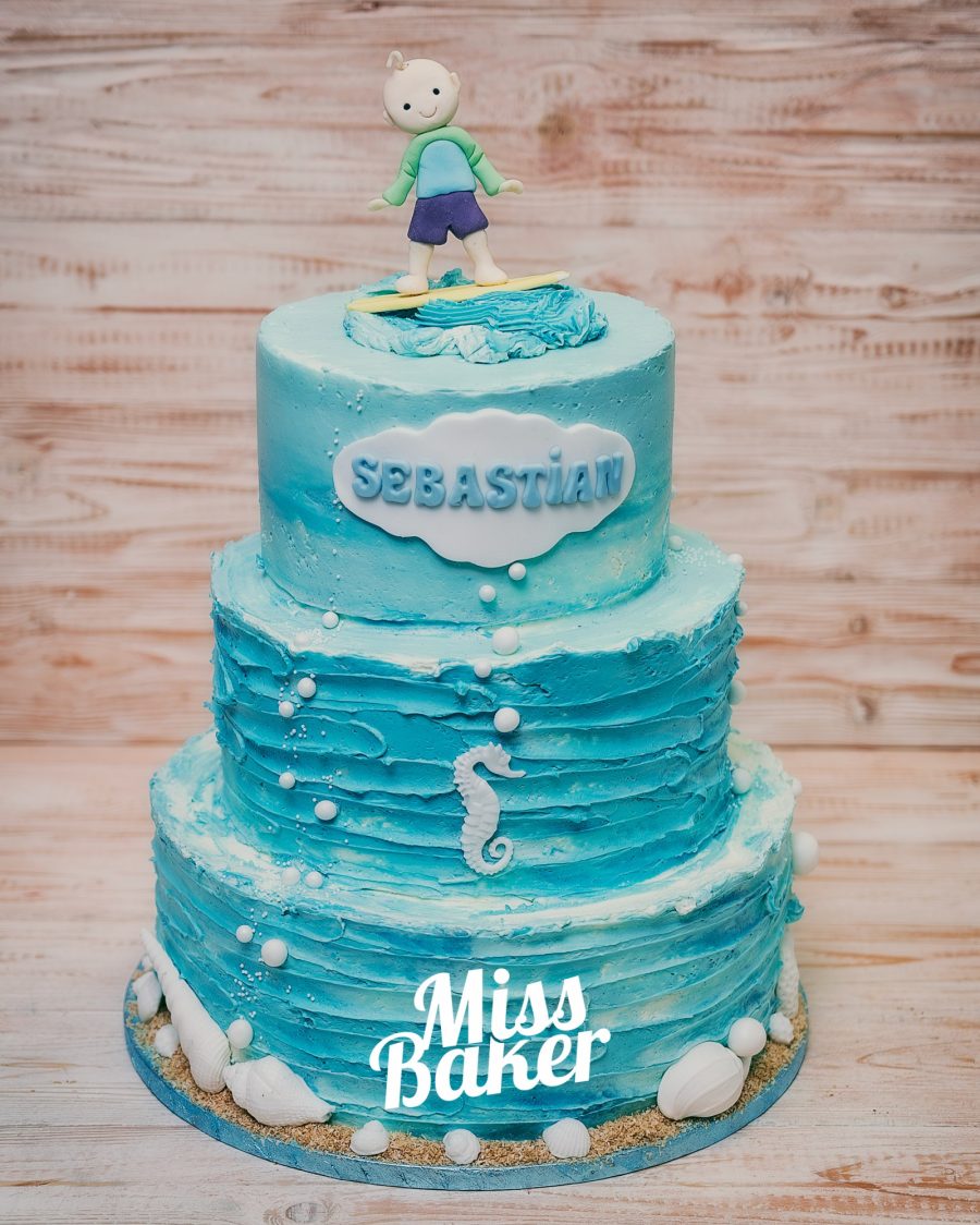 albastru deschis, figurina surfer, valuri reliefate — Miss Baker Constanța