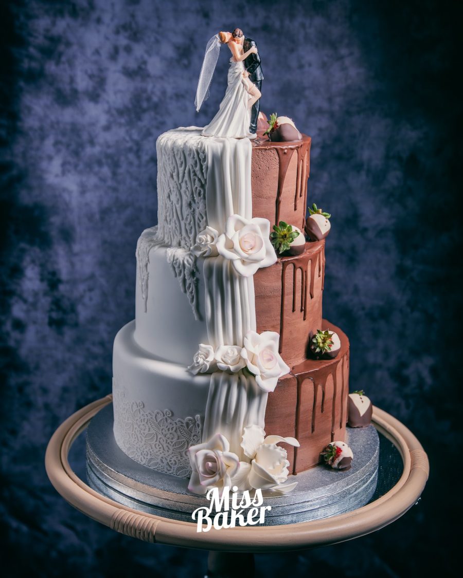 dualitate vizuală, dantelă albă reliefată, cascadă fondant — Miss Baker Constanța
